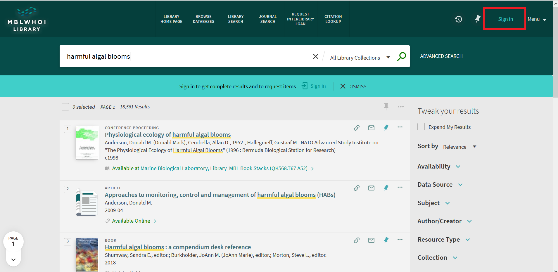 Screenshot of Primo Search bar with "harmful algea blooms" typed in search box