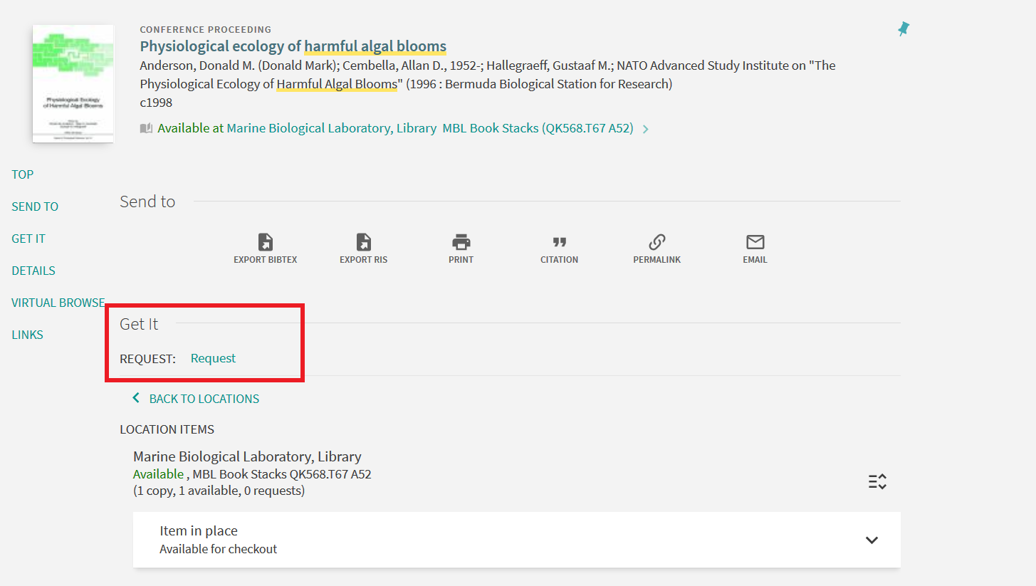 Screenshot of item record with red line around "Get it" or Request option