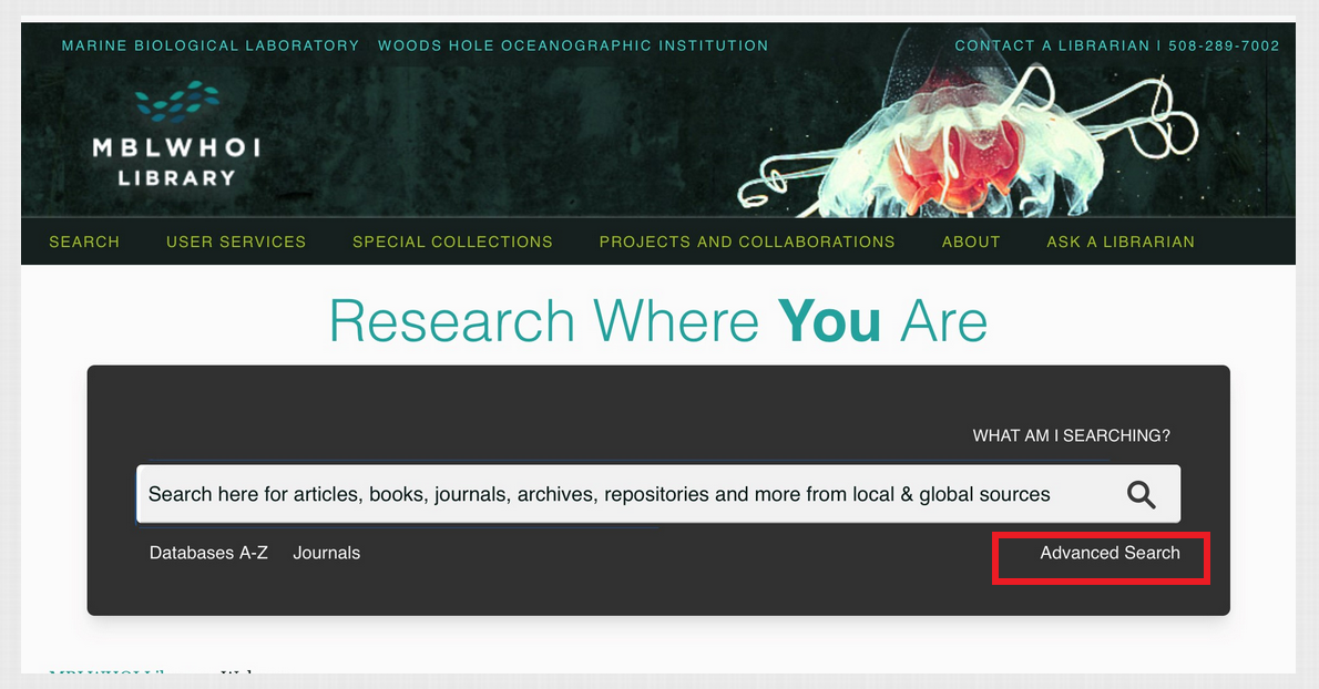 Screenshot of Library front page search box with Advanced Search with red box around it