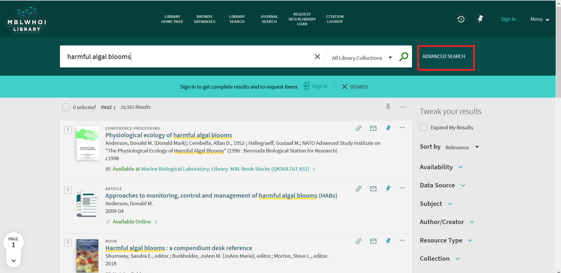 Screenshot of search results for "harmful algea blooms" 