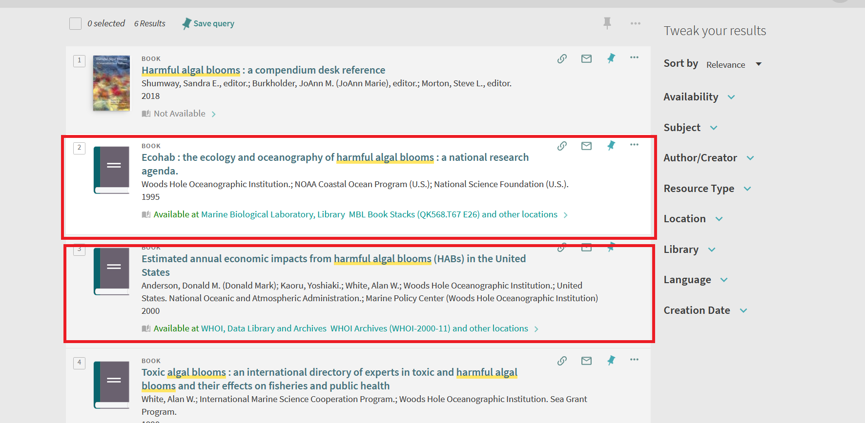 Screenshot of search results with red line around results available at the data library